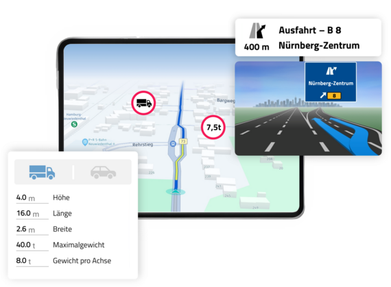 Telematik- und Navigationssystem Tourbo.board und Fahrer-App mit LKW und PKW Navigation