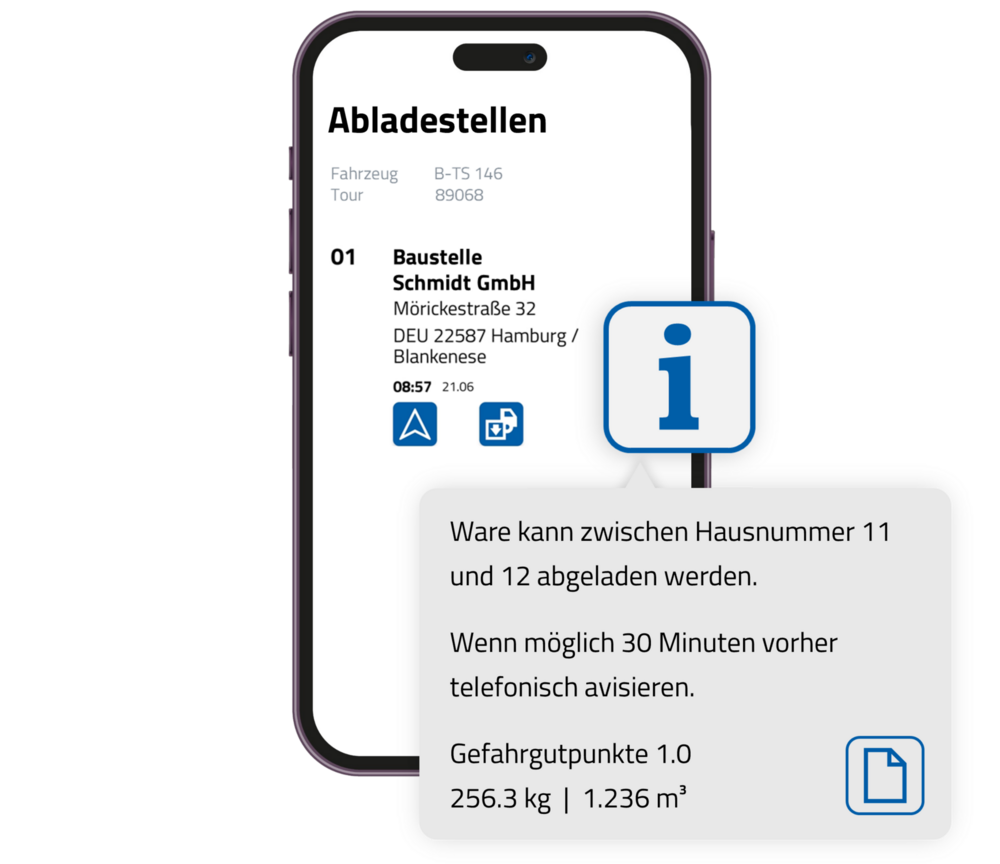 Telematik- und Navigationssystem Tourbo.board mit Fahrer-App und Ablaestelleninformationen des Kunden