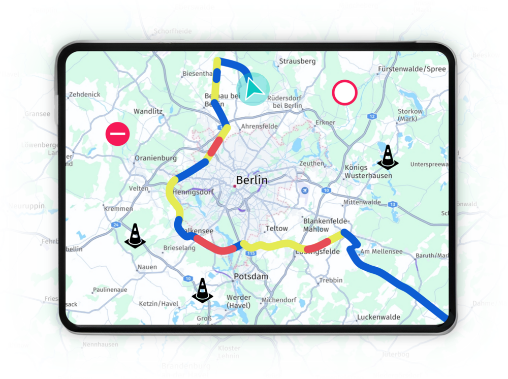 Telematik- und Navigationssystem Tourbo.board und Fahrer-App mit aktuellen Verkehrs- und Baustelleninformationen