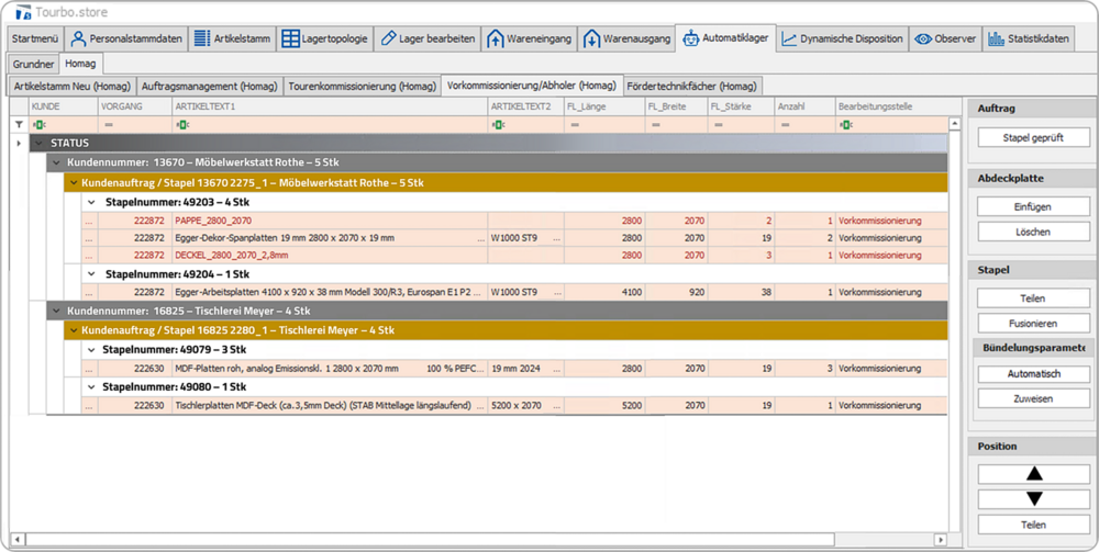 Digitale Lagerverwaltung und -steuerung Tourbo.store mit Automatiklager-Anbindung Stapelbildung
