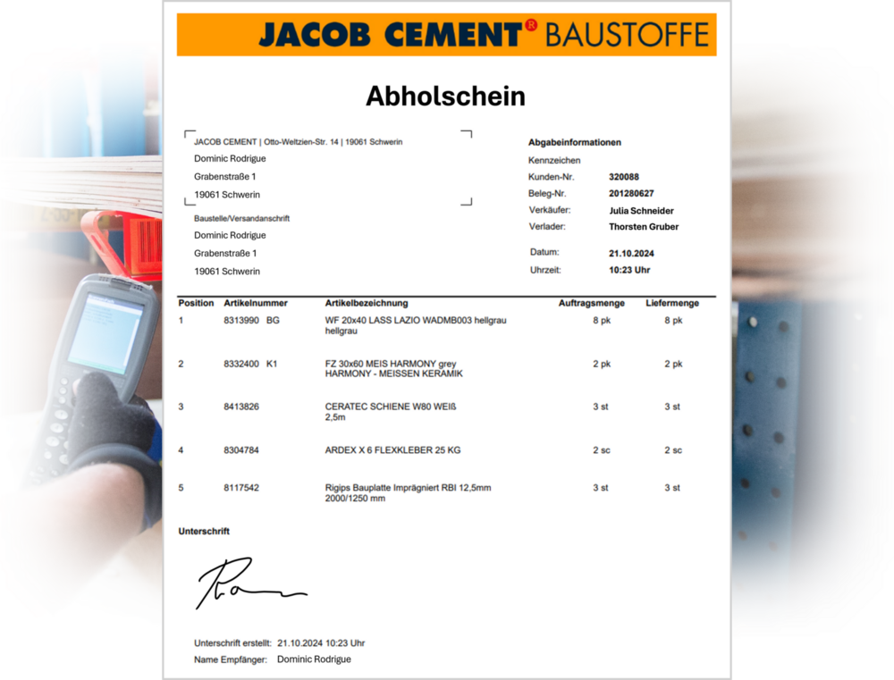 Digitaler Abholschein Tourbosoft von Jacob Cement