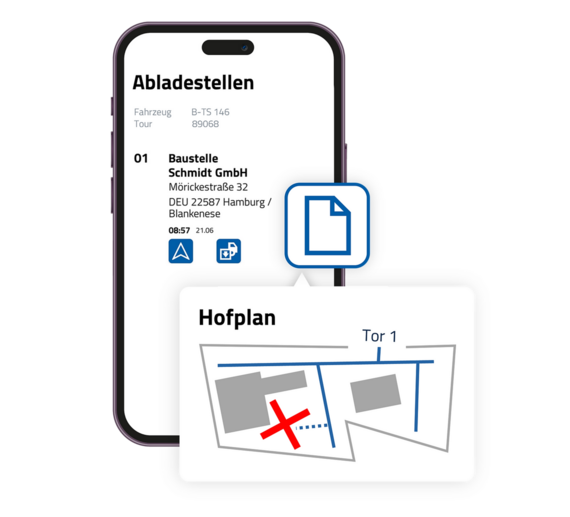 Telematik- und Navigationssystem Tourbo.board und Fahrer App mit digitalen Kunden-Standortskizzen fuer eine unkomplizierte Anlieferung